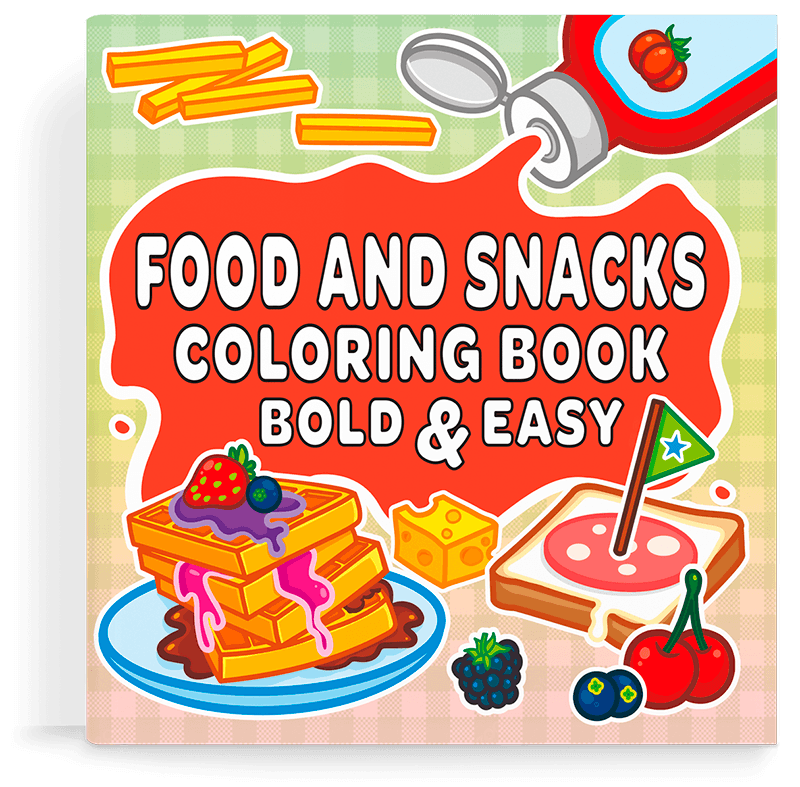 Cover of a coloring book with cartoon drawings of various foods and the title "Food and Snacks Coloring Book"