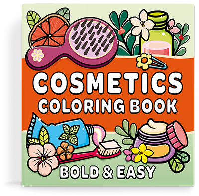 Cover of a coloring book featuring various cosmetics and the title "Cosmetics Coloring Book"