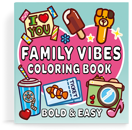 Cover of a coloring book with cartoon drawings of various objects and the title "Family Vibes Coloring Book".