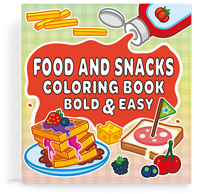 Cover of a coloring book with cartoon drawings of various foods and the title "Food and Snacks Coloring Book".