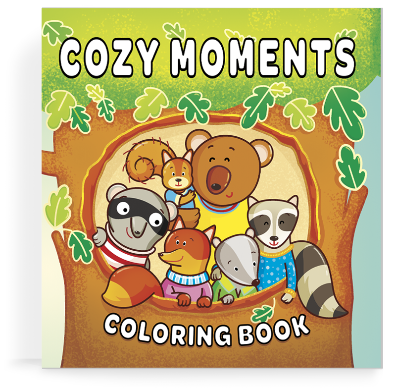 Front cover of the Cozy Moments Coloring Book featuring the title in playful fonts against an illustrated background of cozy scenes, ready for coloring