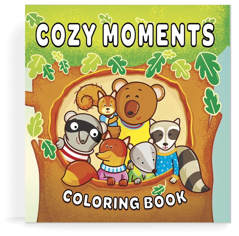 Front cover of the Cozy Moments Coloring Book featuring the title in playful fonts against an illustrated background of cozy scenes, ready for coloring