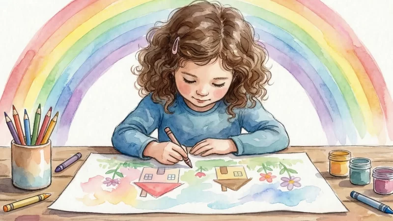 Watercolor illustration of a young girl drawing with crayons at a table, a rainbow in the background. Emotional Regulation.