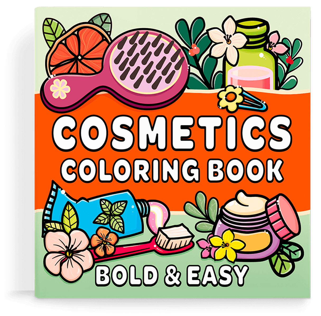 Cover of a coloring book featuring various cosmetics and the title "Cosmetics Coloring Book"