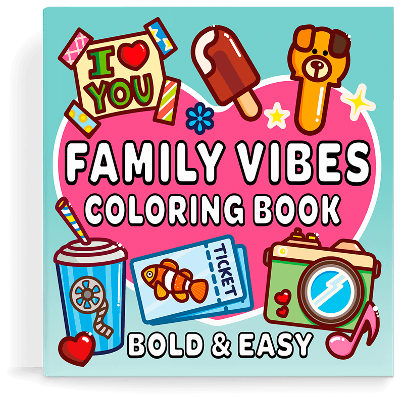 Cover of a coloring book with cartoon drawings of various objects and the title "Family Vibes Coloring Book".